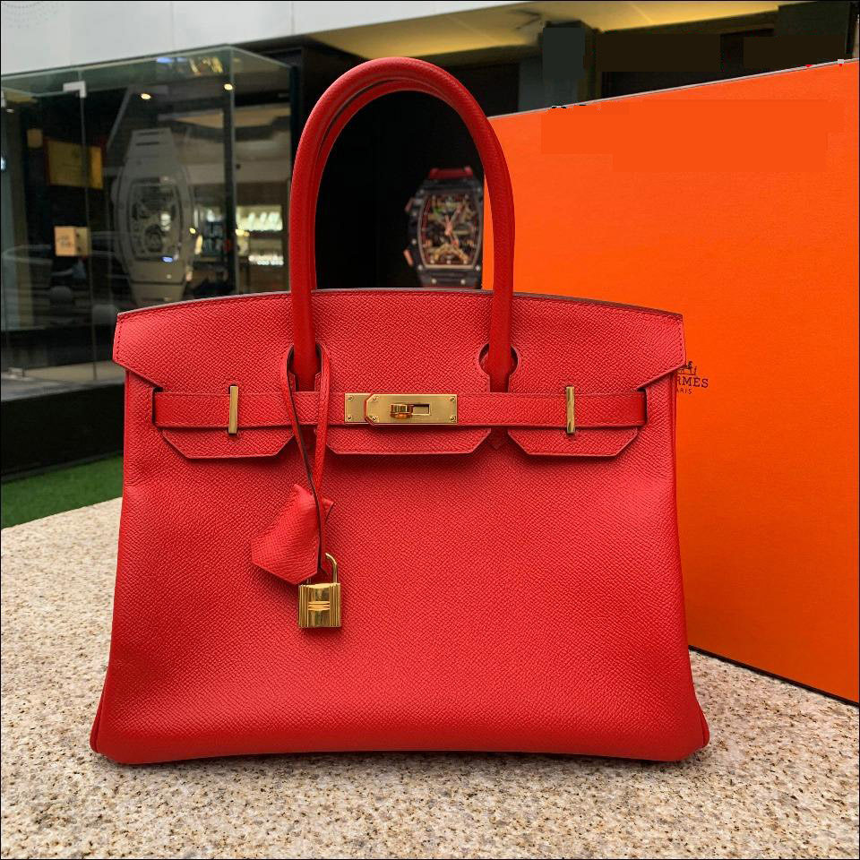 [9.5新]hermes/爱马仕a刻birkin30铂金包ep皮红色金扣外缝手提包