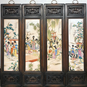 余顺福作品黄花梨雕刻老框镶瓷板画粉彩十二金钗四条挂屏-df382成交价