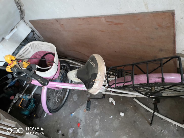 旧的自行车，处理掉放在楼下太占位置了。座椅皮有破裂，用透明胶