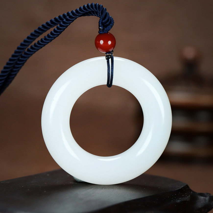 博奥玉器工作室作品新疆和田玉白玉平安环37克挂件饱满圆润吊坠ad