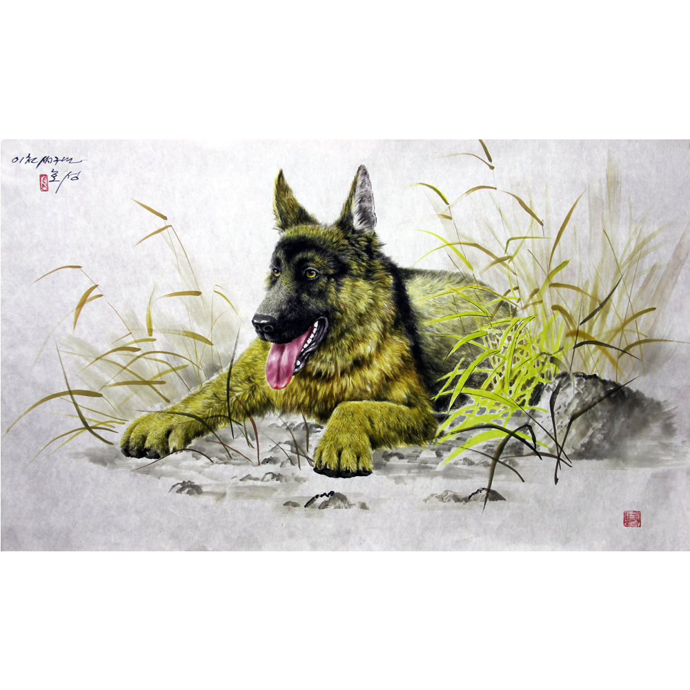 朝鲜一级艺术家 浩成《狼狗》c2923 动物国画 装饰收藏
