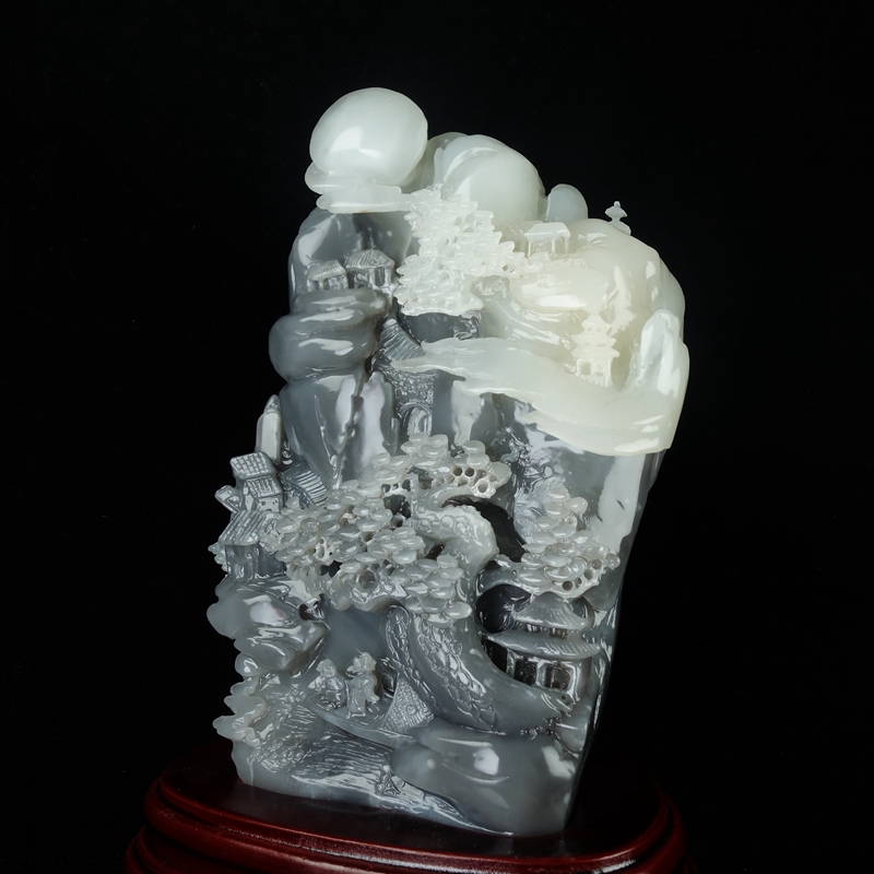 免保参拍吴春强工作室 山水人家 和田玉烟青山水摆件1624g