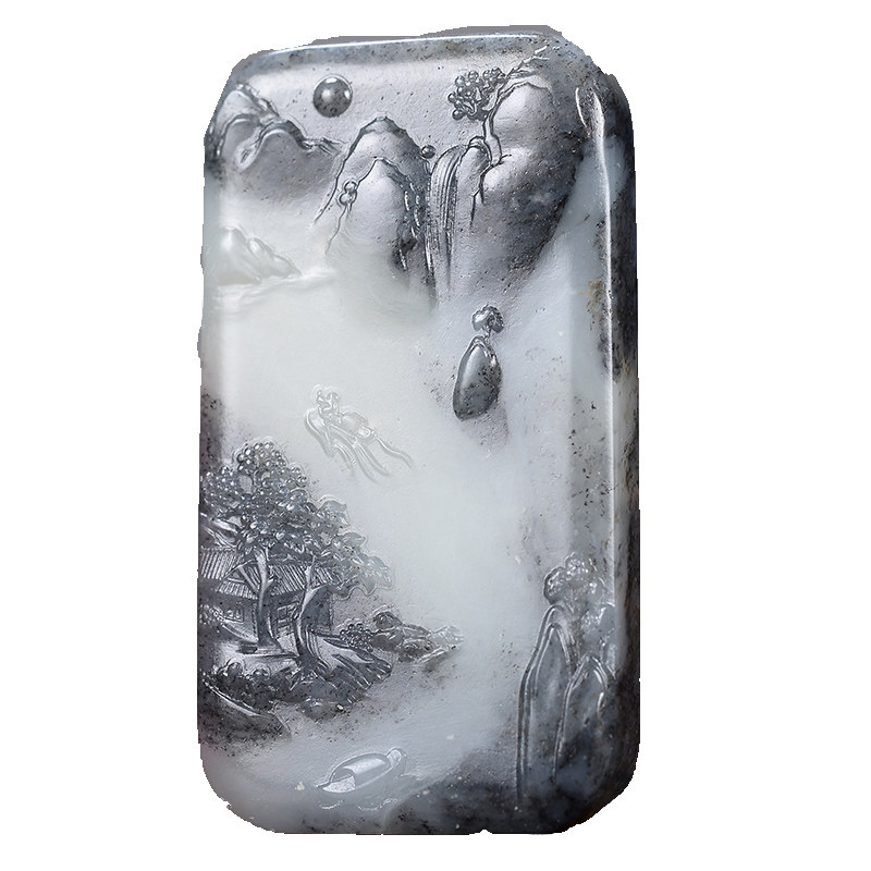 和田玉墨玉青花籽料山水风景玉牌挂件吊坠 50克 x56