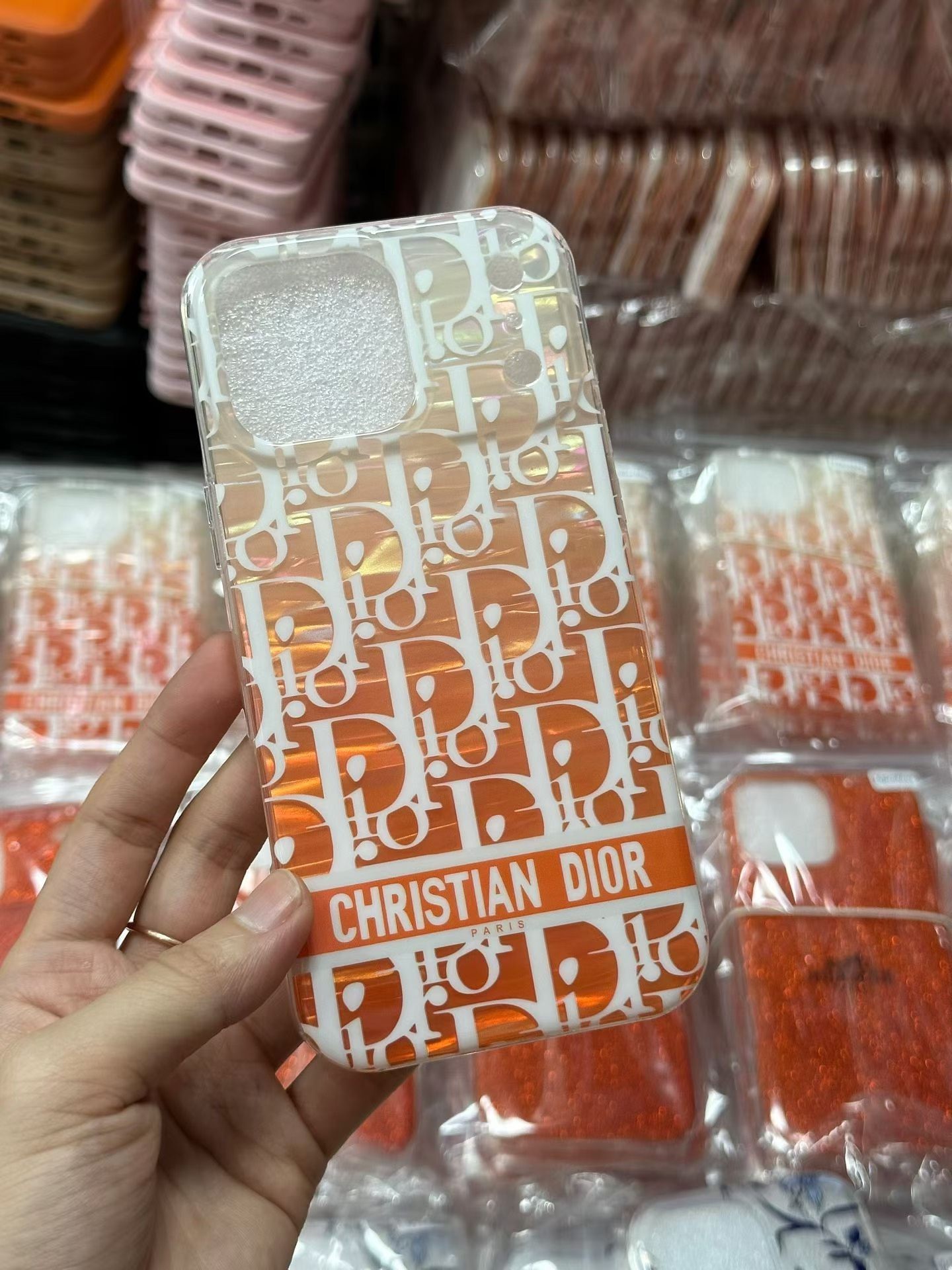 实拍全新 轻奢爱马仕橙 闪粉贝壳纹D家手机壳