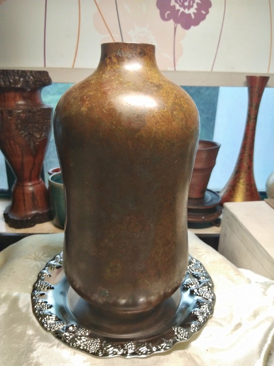 日本老铜葫芦花瓶，昭和时期，中古品，老黄铜。尺寸品相如图。