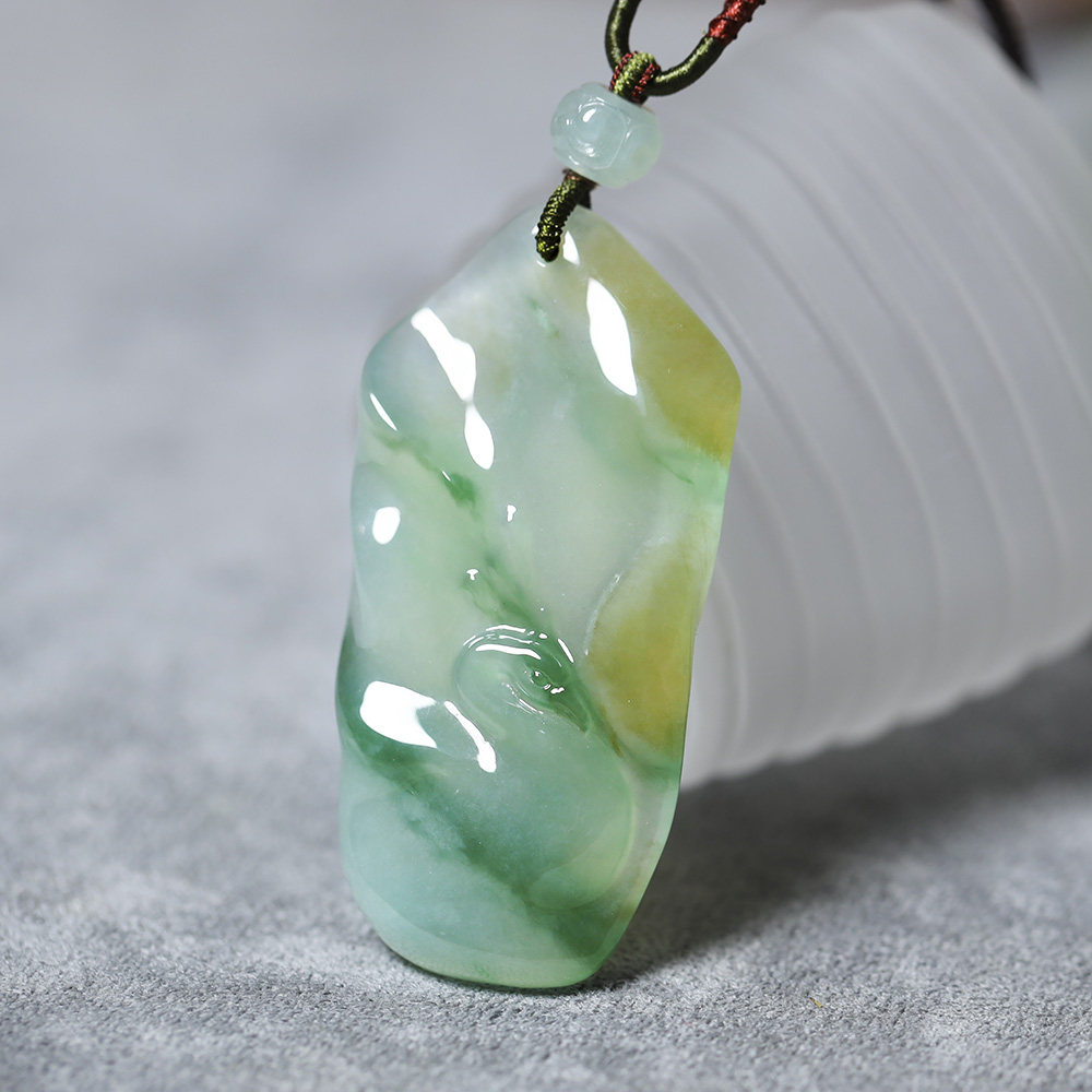 庄庆芳大师天然a货缅甸冰种黄加绿翡翠起胶福寿随形玉吊坠30.12克