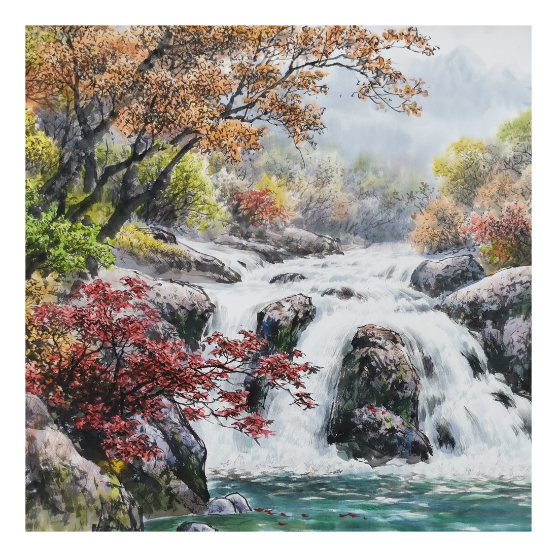 朝鲜画拍卖 客厅山水画 韩明日《溪谷秋色》三池渊美术创作社