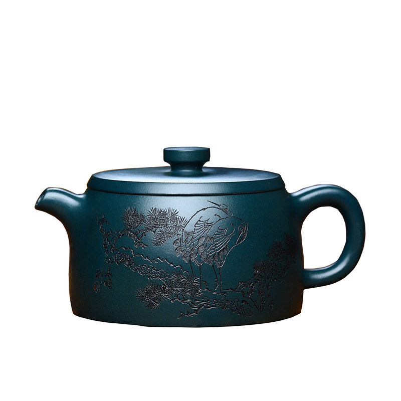 一元起拍 国工谭海鸥刻绘高工刘老师镜瓦原矿墨绿泥220cc紫砂壶