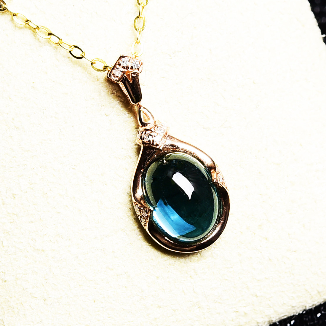 1克拉 天然素面 蓝碧玺吊坠 18k金钻石镶嵌 稀少 水头润0.972