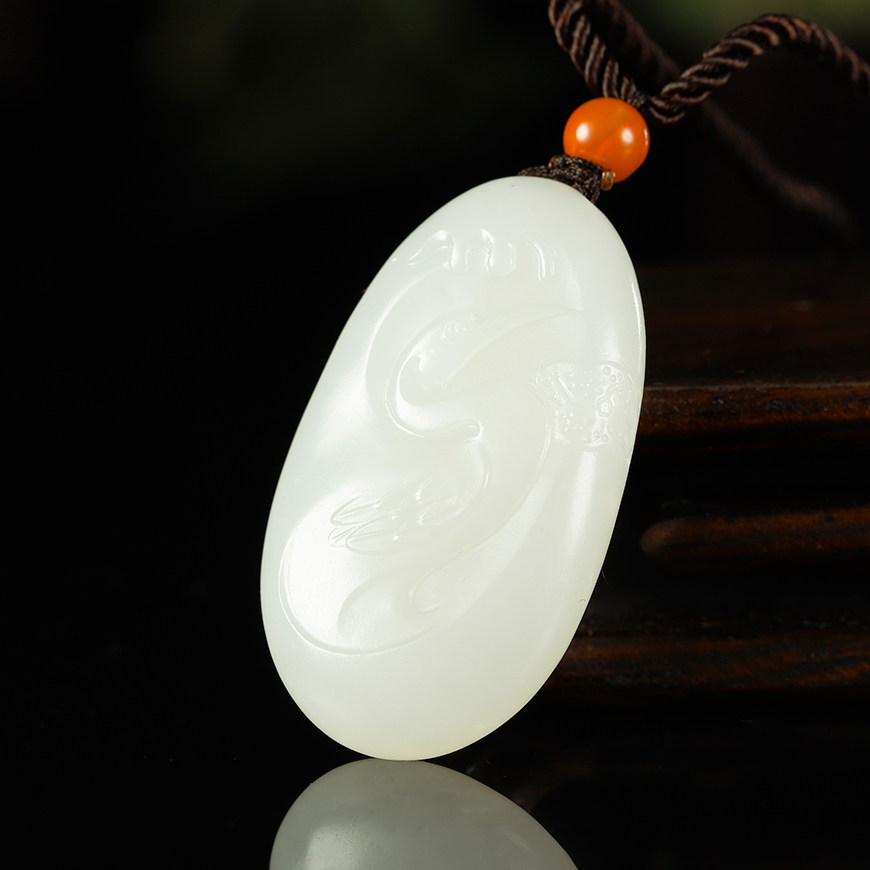 省级玉雕大师丁伟作品新疆和田玉一路连科仙鹤莲花挂件男11克吊坠