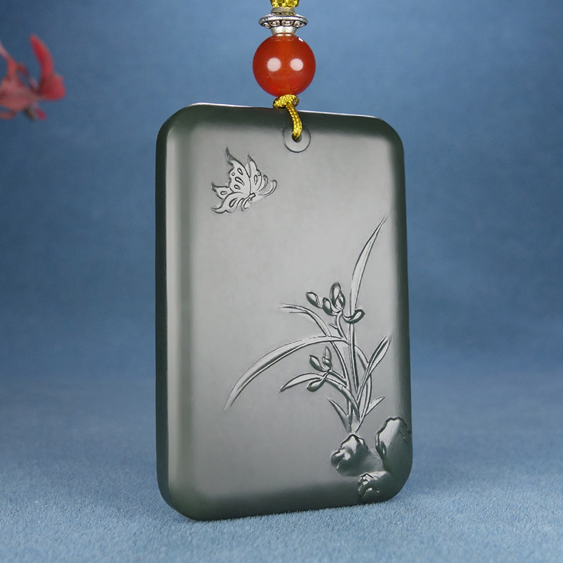 时晓铎和田玉青玉兰花牌子挂件吊坠33.29g