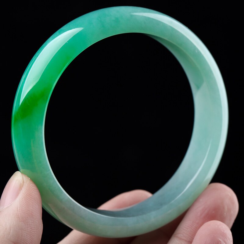 一元拍卖 57圈口天然正品a货老坑翡翠冰糯种飘阳绿手镯 84.4g