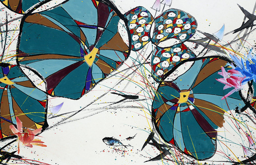 广州美院 刘心《无题》国画重彩花鸟画荷花 保真 墨华斋2498