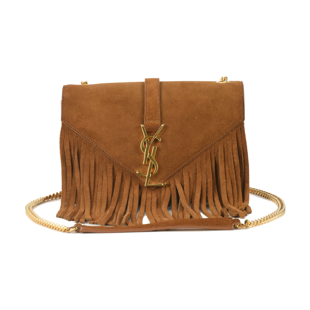 [9.5新]圣罗兰slp女士棕色麂皮流苏金扣斜挎包10016307
