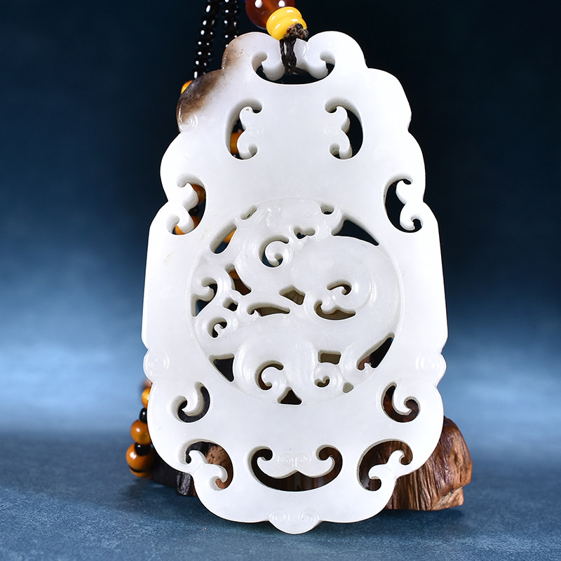 高端收藏 油润油腻【龙凤呈祥】和田玉羊脂白玉镂空仿古龙凤 86克