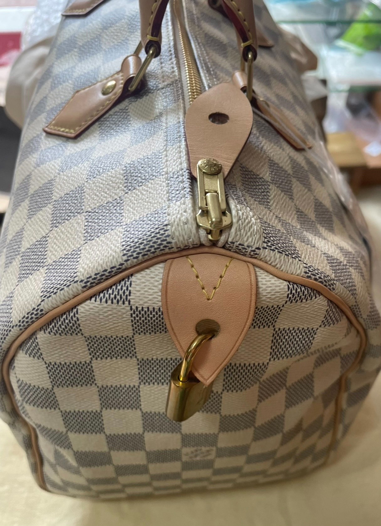 lv白棋盘格speedy35手提款波士顿枕头包