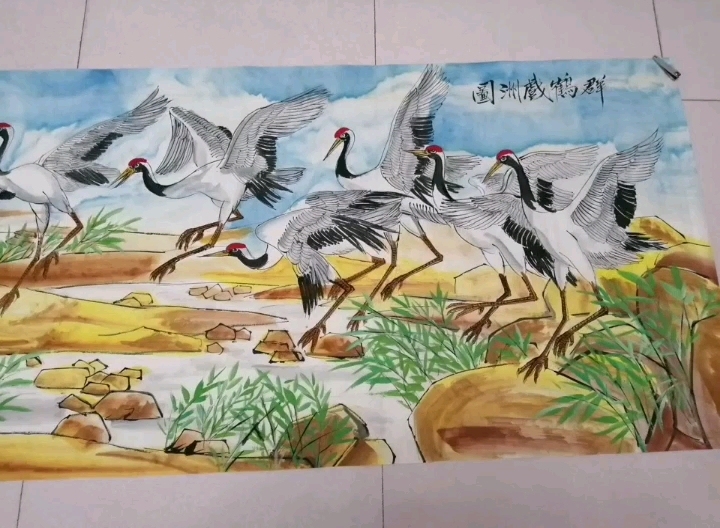 国画水墨画山水画宣纸纯手功绘画。尺寸：宽69长138。