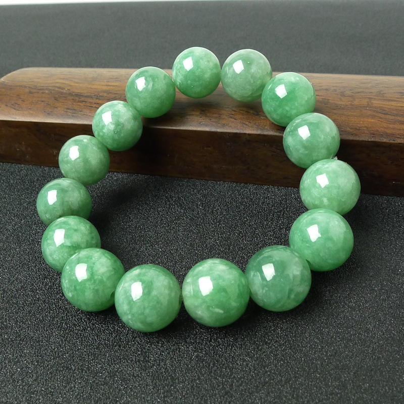 翡之岛 拍卖 天然缅甸a货翡翠老坑满绿圆珠手链74.66g