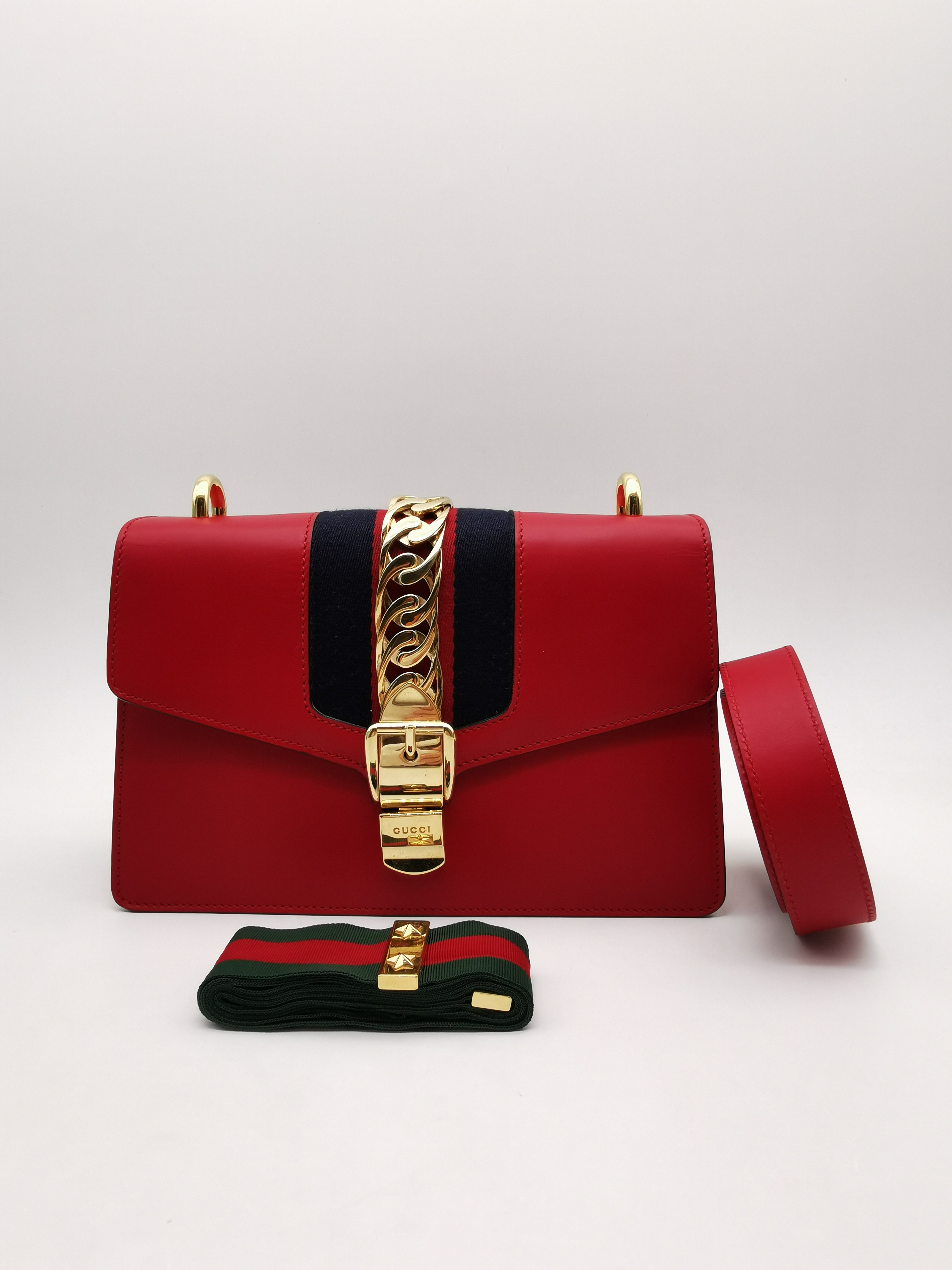 95新 gucci 古奇 sylvie系列 红色牛皮丝带单肩手提包 手提袋
