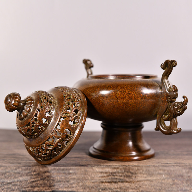 纯铜香炉 供佛 供奉 家用 室内摆件 非遗 仿古铜器 蚰龙耳薰