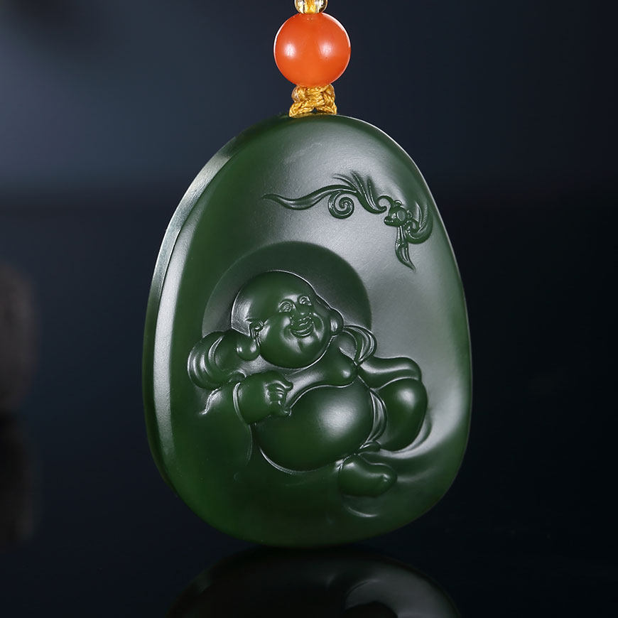 省级玉雕大师任翀作品和田碧玉菠菜绿弥勒佛公守护女款挂件28克w3