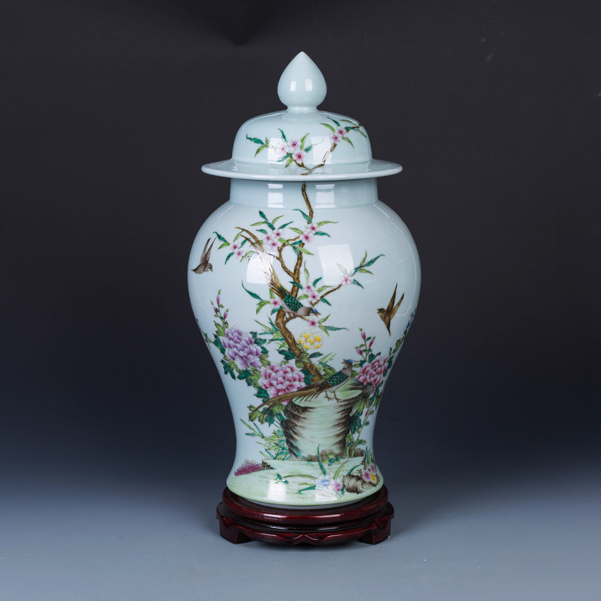 【艺泰文化】景德镇仿古瓷手绘粉彩锦堂富贵花鸟瓶将军罐