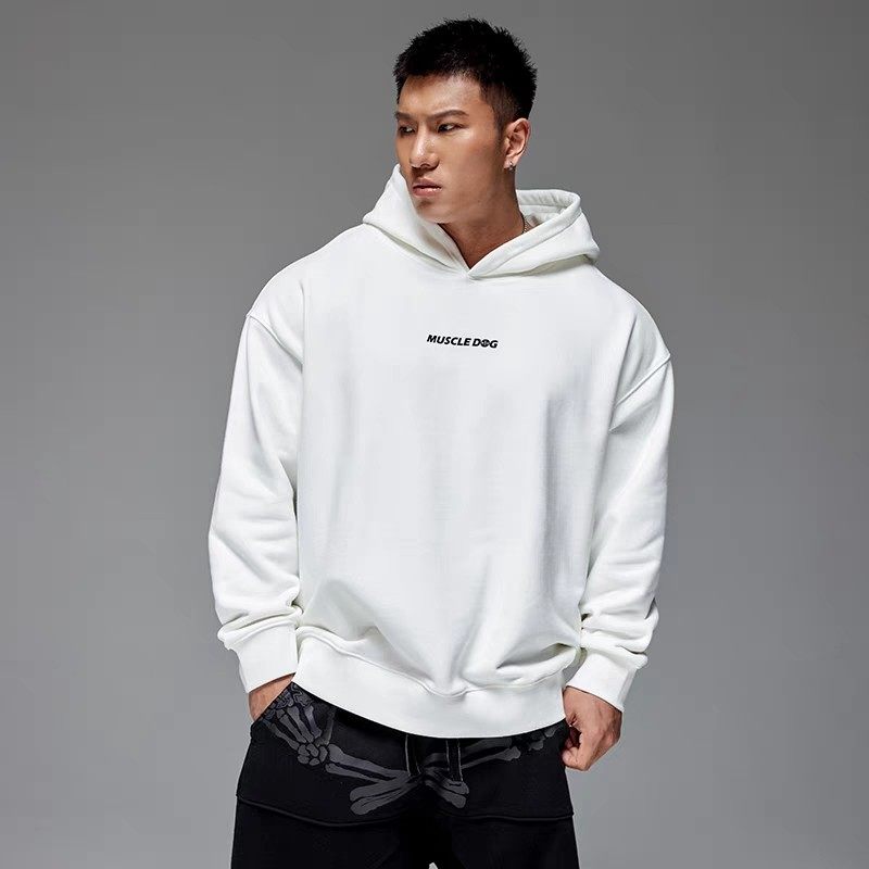 潮牌经典狗头印花连帽卫衣男冬季加绒宽松运动健身套头衫