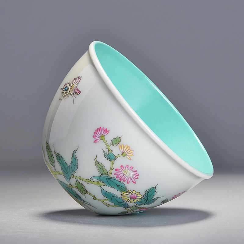 【格物】瓷胎珐琅彩蝶花诗文缸式杯 品茶杯 御窑工艺颜值茶器茶具