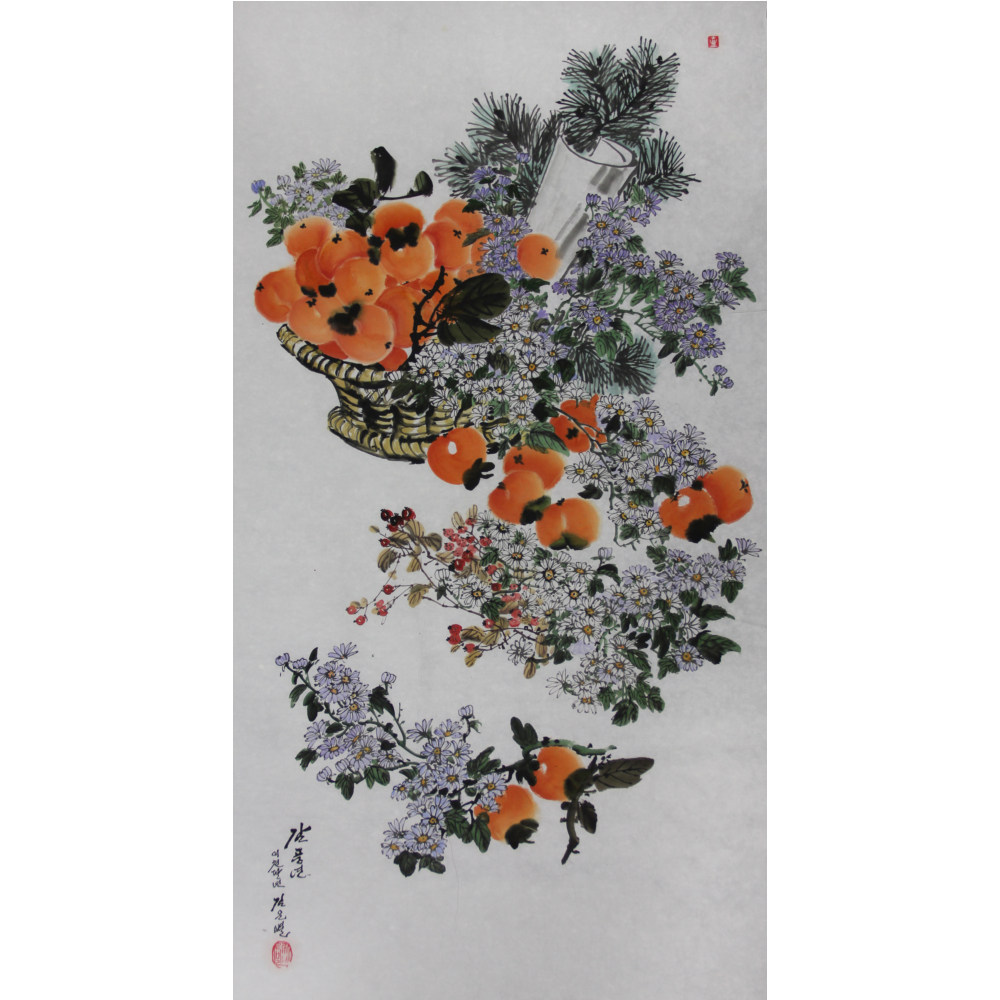 朝鲜一级艺术家 金银星《柿子丰收》花鸟国画 装饰收藏c1091