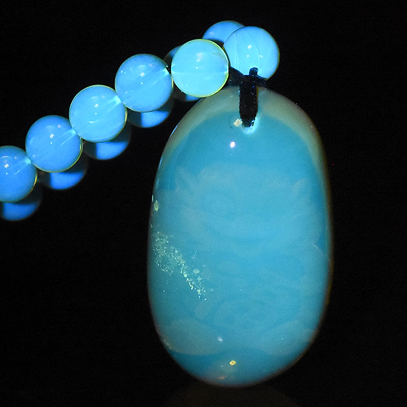 18.14克 净水级高蓝通透蓝珀阴雕福兽水滴形挂件 项链 强荧光