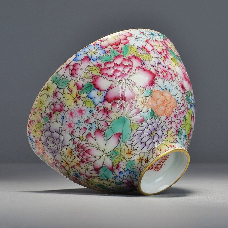 格物 收藏级手工茶器 瓷胎珐琅彩万花不露地鸡心杯品茶杯功夫茶具