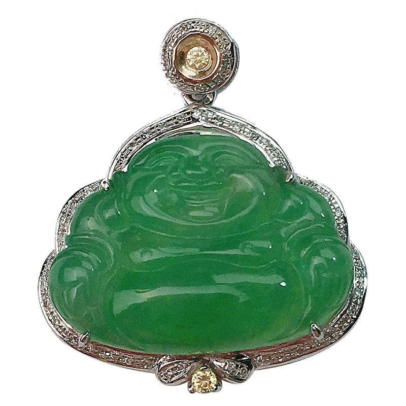 自然光实拍 a货翡翠 冰糯种18k金豪镶钻满绿逍遥佛吊坠 4.41g