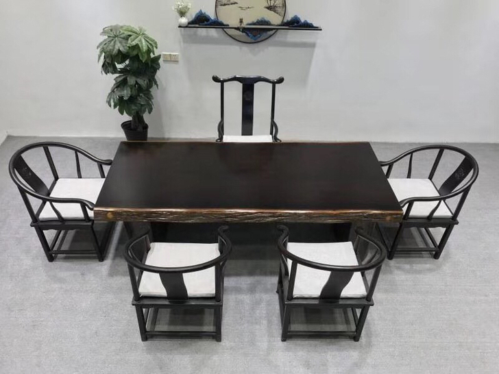 黑金檀实木大板新中式茶桌办公桌书桌餐桌泡茶桌红木家具博古架
