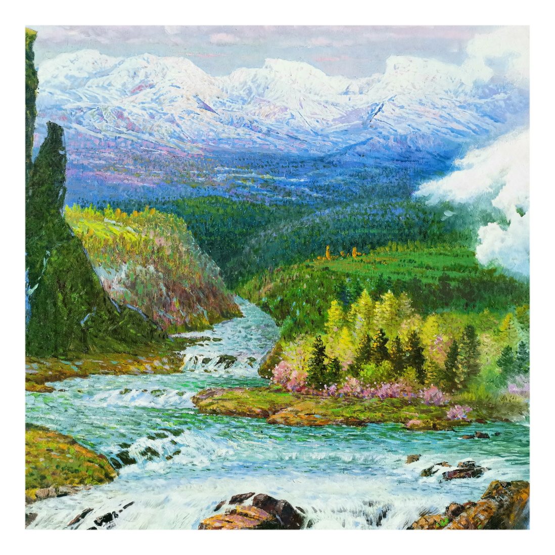 朝鲜画风景油画拍卖 视频看货 玄关装饰画 金昌洙《瀑布秋色》