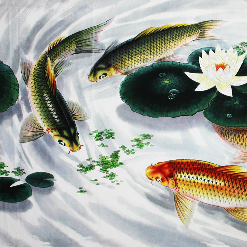 (朝鲜)画鱼名家金成明1.42米《鱼戏荷塘》万寿台创作社tg