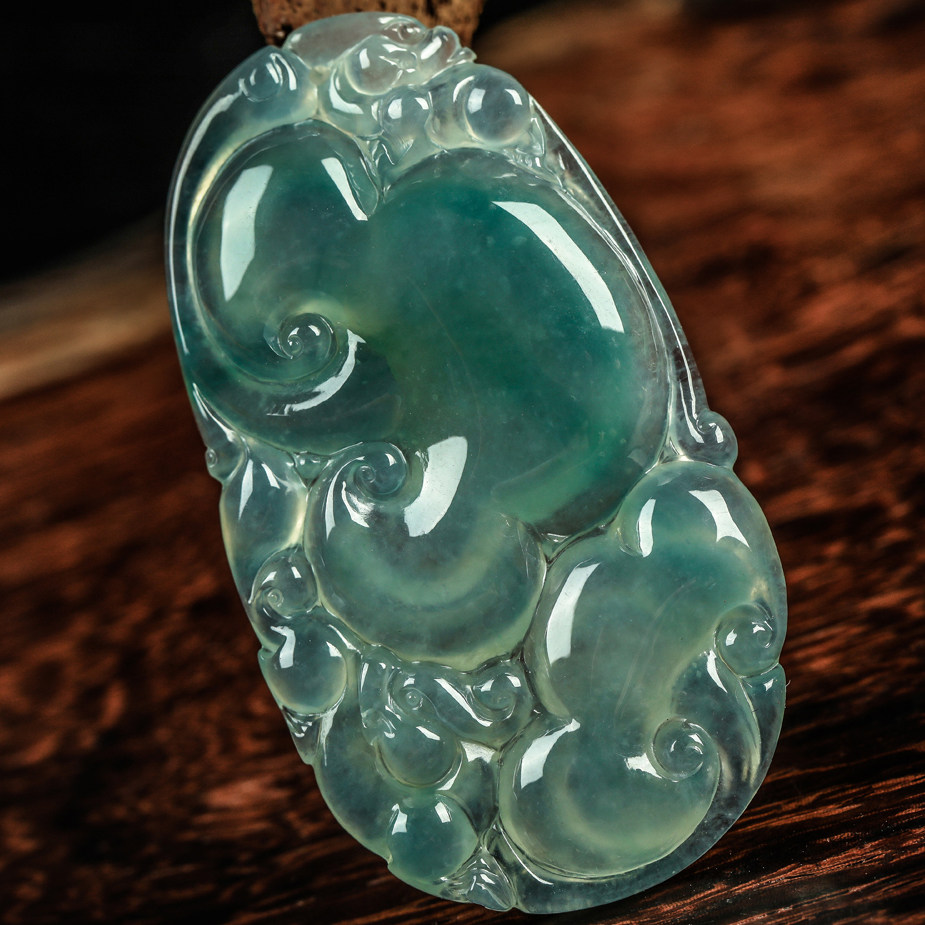 老坑冰种 蓝底 起胶精工缅甸天然a货翡翠如意挂件8.85g