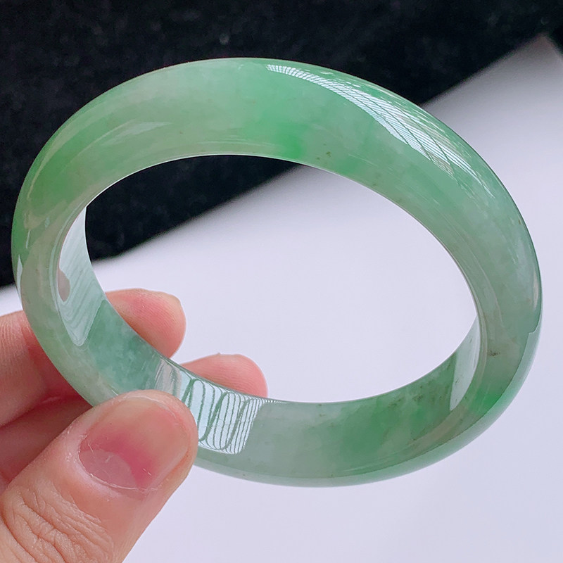 珍品拍卖缅甸老坑a货天然翡翠手环宽边手镯58.85g内径55.6mm