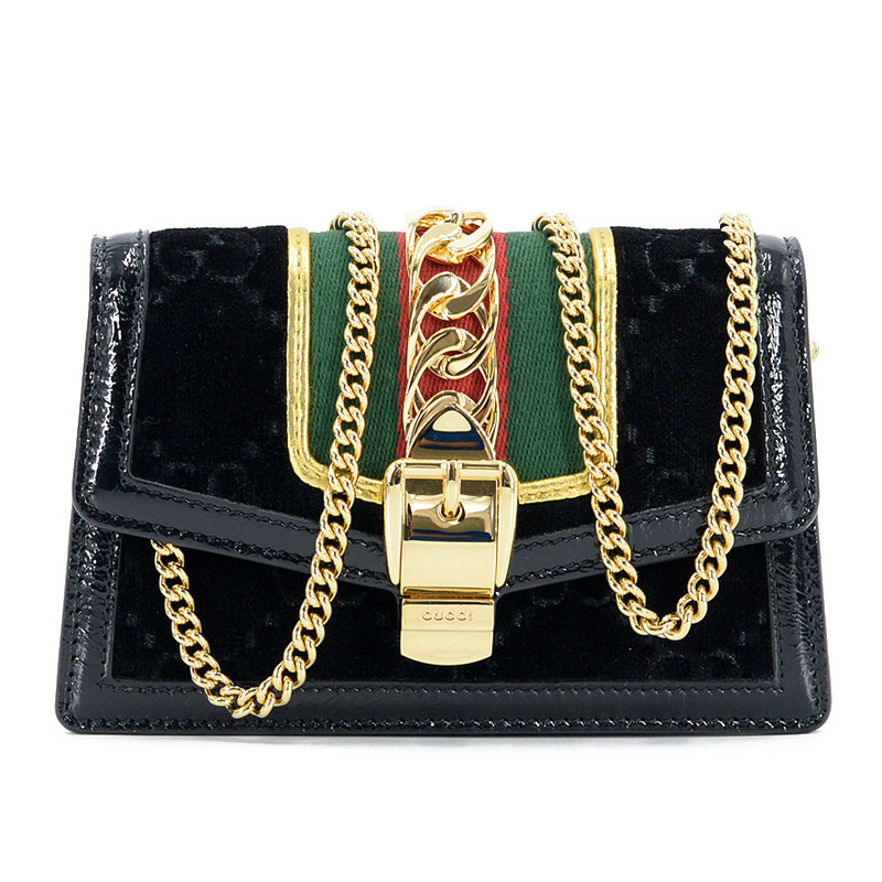 [9.9新]古驰gucci女士sylvie系列黑色gg天鹅绒迷你单肩斜挎包