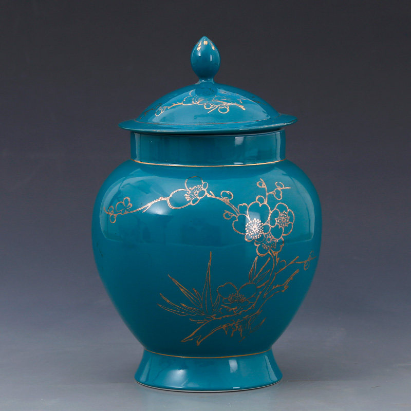 官窑 存世稀少 系60年代大会堂陈设瓷星火制 松石绿釉金花罐