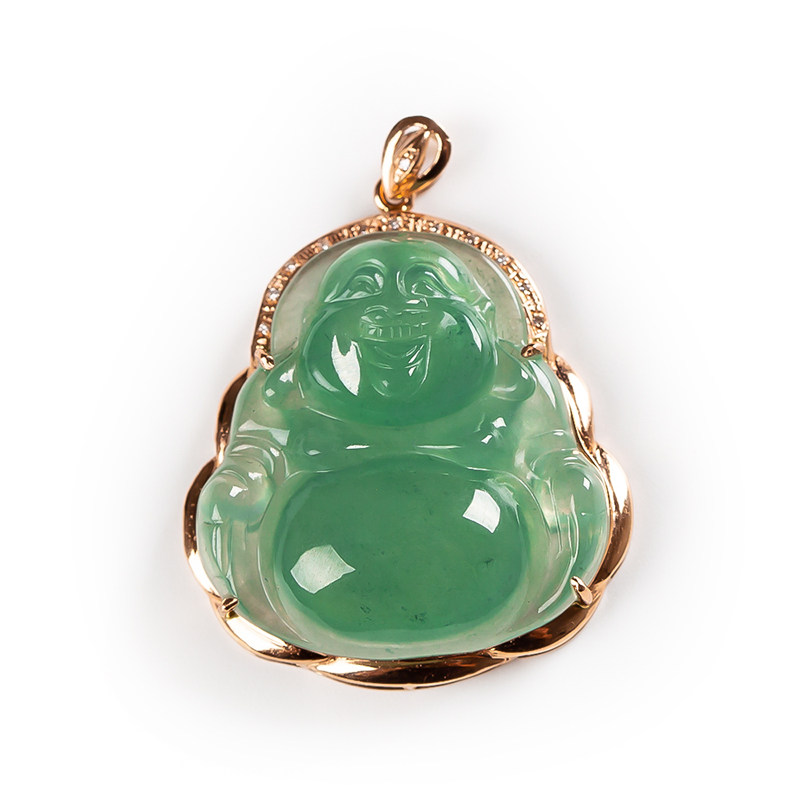 18k金镶嵌伴钻小佛公 纯天然翡翠a货冰种满色本命佛吊坠5.33g