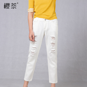 樱萘牛仔裤女白色2019新款夏季宽松破洞乞丐裤韩版显瘦九分裤