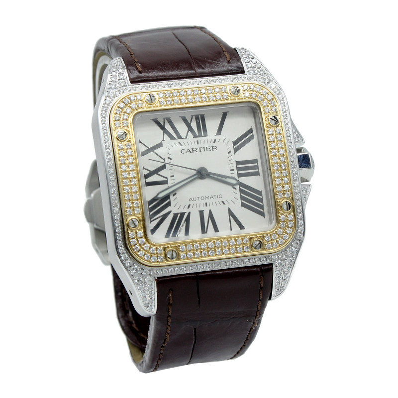 [9.5新]卡地亚山度士18k黄金间精钢后镶钻自动机械男表