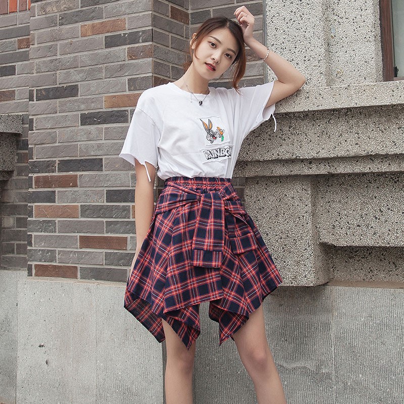 半身裙a型系带女款a字夏天高腰格仔小方格打结短黑白格子不规则|ruв категории Женская одежда, юбка - от Buy2taobao.com для оказания профессиональной услуги покупки агента Taobao
