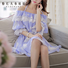 Chiffon dress with a big pink doll summer 2015 bare-shoulder lace dresses ladies strap printing boom
