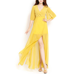 Roman love song ~ European and American brands of Lotus Leaf Butterfly sleeve v-neck long slits Beach chiffon dress