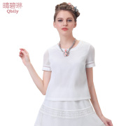 Fine bi Linda 2015 spring/summer new women's simple stitching fabric straight Joker head solid color short sleeve shirts