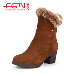 Rich bird authentic new Korean version of suede leather boots winter warm and velvet high heels boots winter boots