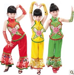 儿童演出服女童少数民族傣族秧歌舞扇子舞手绢舞舞蹈服喇叭长裤