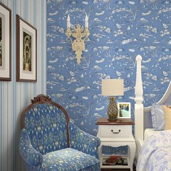 美式地中海壁纸客厅蓝色帆船竖条纹无纺布墙纸 卧室AB版格子特价