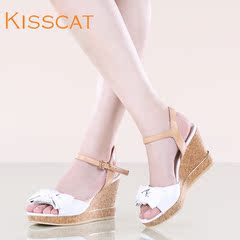 KISSCAT kissing cat summer parchment sweet bow wedges heels Sandals Women temperament D44392-02